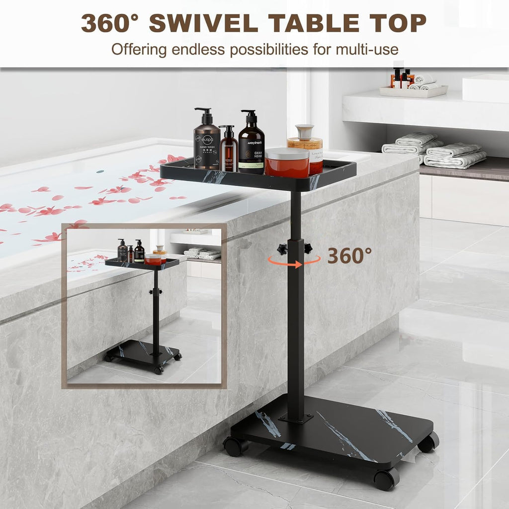 Adjustable C Shaped Side Table, C Table End Table with Wheels for Sofa, 360° Swivel Sofa Table for Livingroom,Bedroom,Study and Small Spaces (Marble Black White)