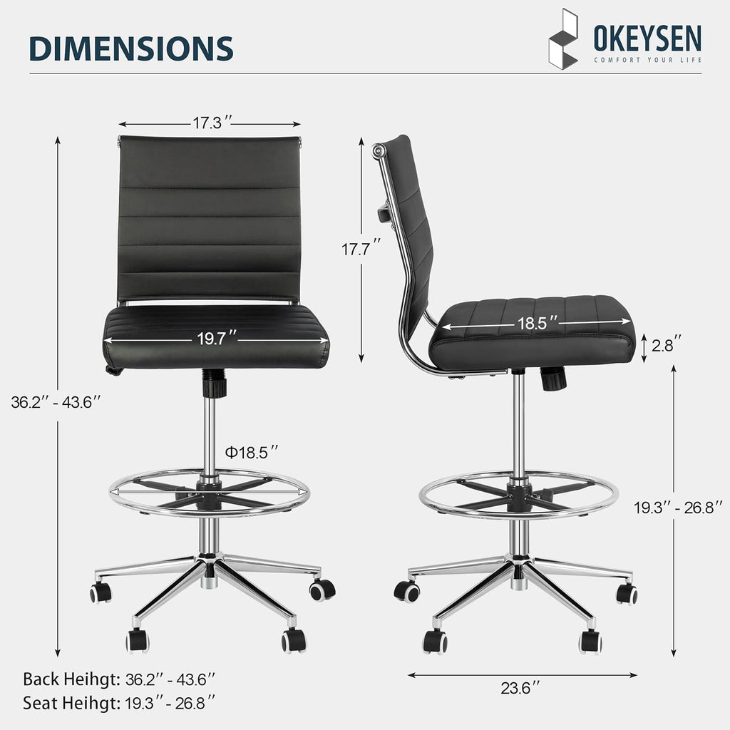 Okeysen Drafting Chair Armless Desk Stool, 400 LBS Ergonomic Leather Tall Office Chair with Adjustable Foot Ring, Modern Standing Desk Chair with Ribbed Mid Back, Swivel Rolling Drafting Stool.