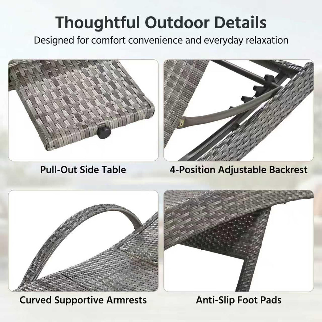 Wicker Outdoor Chaise Lounge Chairs Set of 2, Patio Rattan Reclining Chairs with Pull-Out Side Table, 4-Level Adjustable Backrest, Waterproof Tanning Chairs for Poolside, Beach & Backyard Use, Gray