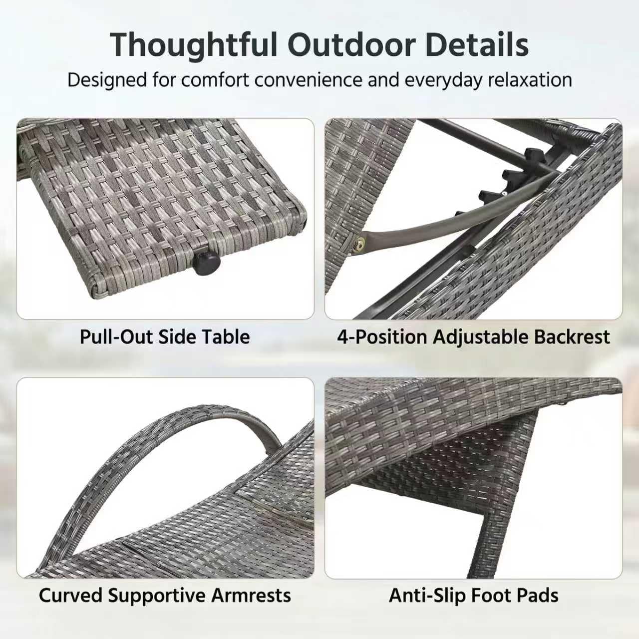 Wicker Outdoor Chaise Lounge Chairs Set of 2, Patio Rattan Reclining Chairs with Pull-Out Side Table, 4-Level Adjustable Backrest, Waterproof Tanning Chairs for Poolside, Beach & Backyard Use, Gray