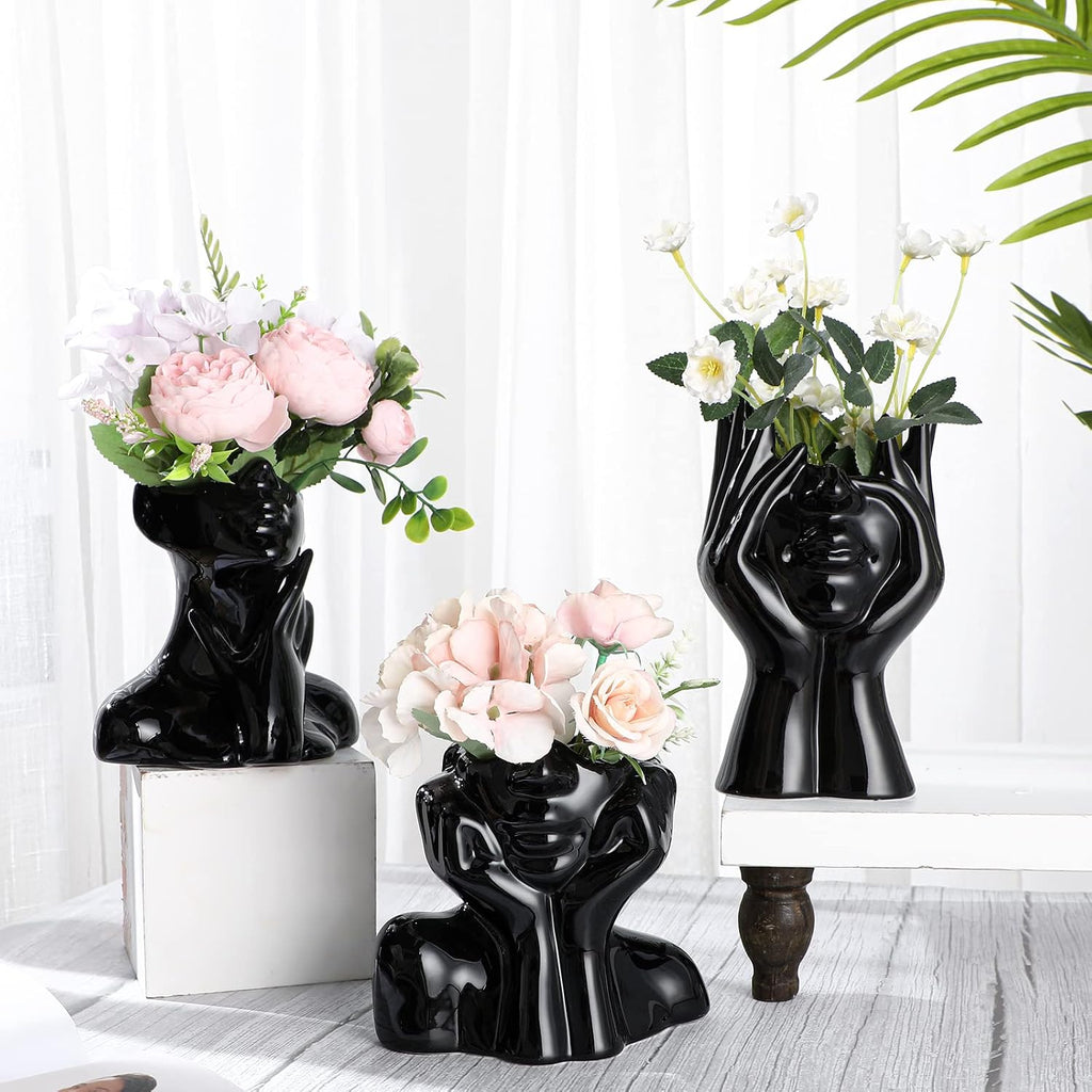 Sieral 3 Pcs Ceramic Face Vase Female Form Flower Modern Body Vase for Decor with Head Half Body Bust Centerpiece for Table Shelf Home Bedroom Room Office(Small,Black)