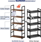 NUMENN 5 Tier Bookshelf, Tall Bookcase Shelf Storage Organizer, Modern Book Shelf for Bedroom, Living Room and Home Office, Vintage