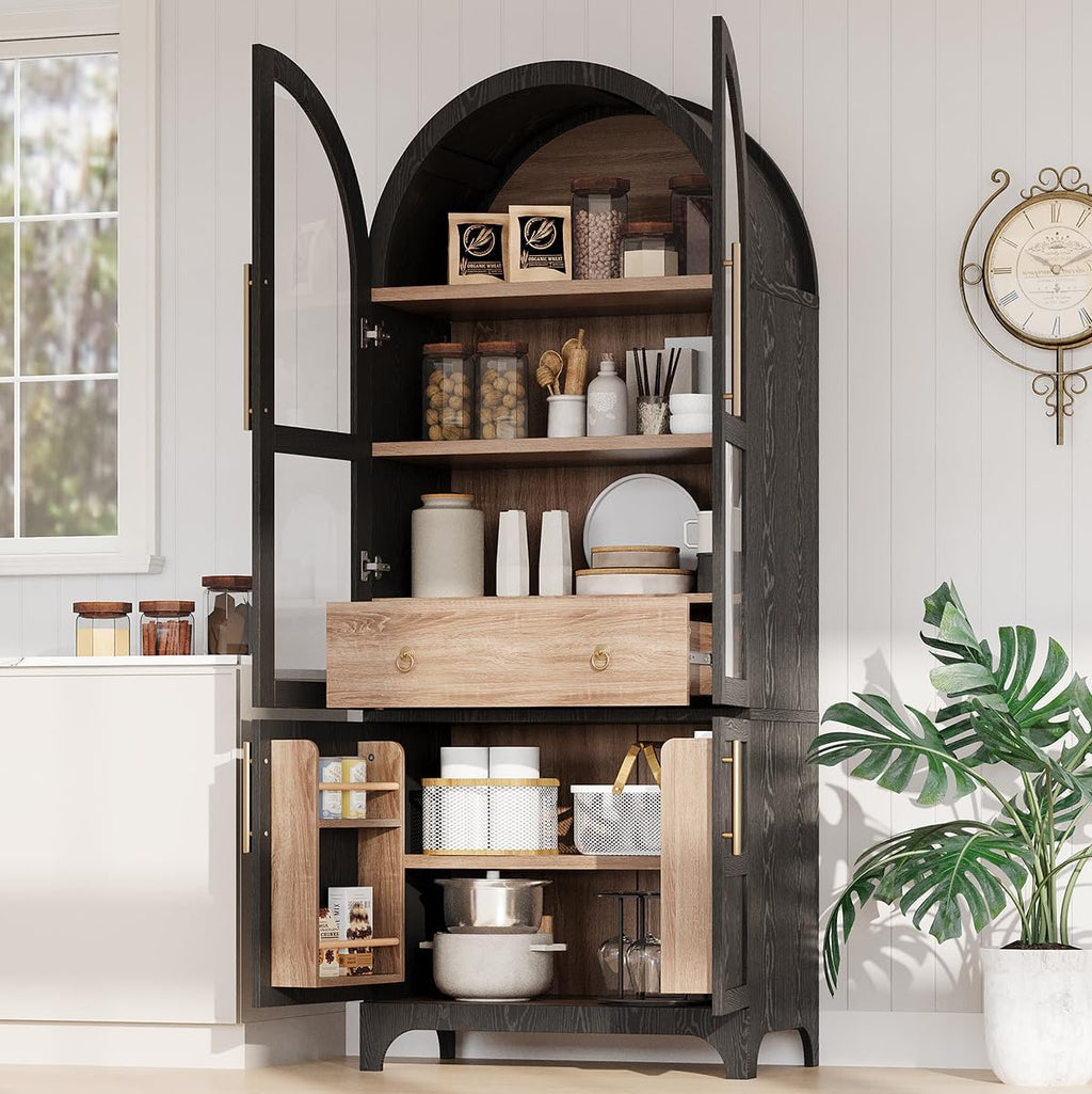 Arched Kitchen Pantry Cabinet with Hidden Drawer and Spice Rack, Arched Bookshelf with Storage Cabinet & Glass Doors, Versatile Cupboard for Living Room & Dining Room (Black)