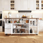 Rolling Kitchen Island Cart with Storage, Mobile Kitchen Island on Wheels with Drop Leaf & 2 Drawers, Adjustable Shelf, Towel Rack & Brown Tabletop, White, 70.9”W x 31.7”D x 35.4”H