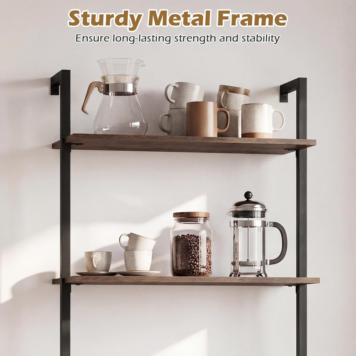 Giantex Ladder Shelf Set of 2, 3-Tier Wood Wall Mounted Bookshelf with Metal Frame, Industrial Open Storage Rack and Display Shelves, Wooden Floating Shelving Unit for Living Room, Office