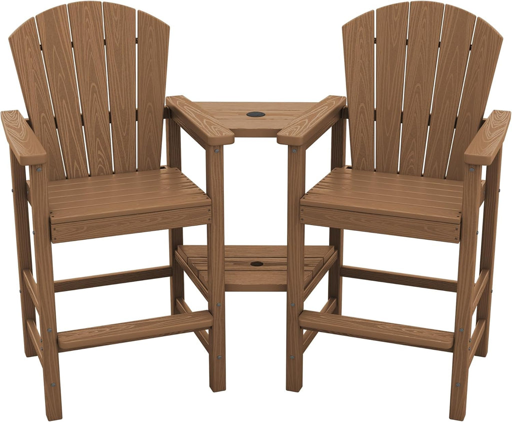 SERWALL Tall Adirondack Chairs Set of 2 with Double Layer Connecting Tray, HDPE Bar Height Outdoor Chairs, Wood-Like Adirondack Bar Stools for Patio, Balcony, Porch, Brown