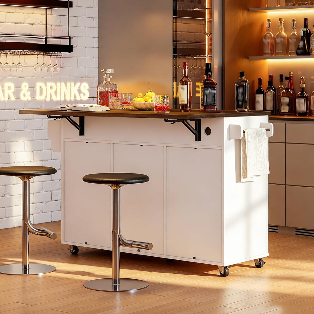 RALGEND Kitchen Island with Storage, 55" Kitchen Cart with Charging Station, Rolling Kitchen Island Table with Drop-Leaf, 3 Drawers, Barn Doors, Towel Rack and Spice Rack, White and Walnut