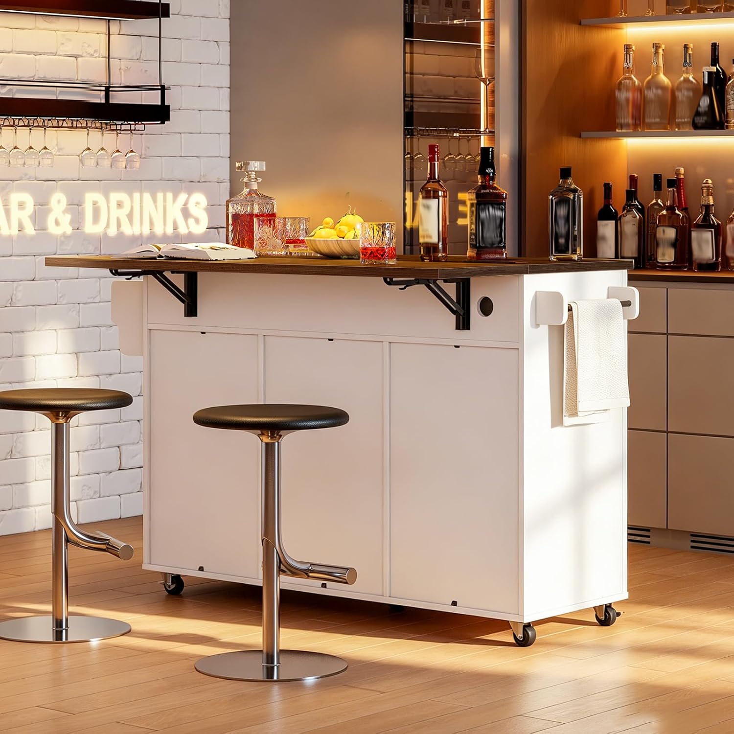 RALGEND Kitchen Island with Storage, 55" Kitchen Cart with Charging Station, Rolling Kitchen Island Table with Drop-Leaf, 3 Drawers, Barn Doors, Towel Rack and Spice Rack, White and Walnut