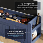 42.6" Entryway Shoe Storage Bench with Padded Seat, 3 Doors and Side Shelves, Lift Top Storage Bench for Shoes, Hallway, Bedroom, Living Room, Navy Blue