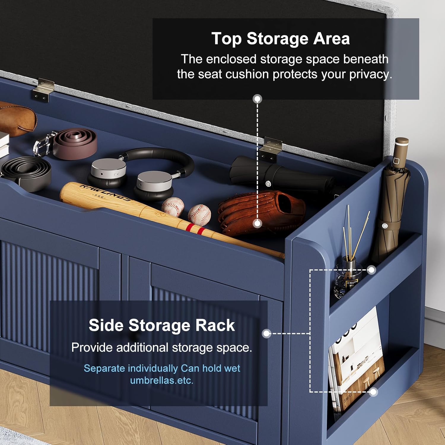 42.6" Entryway Shoe Storage Bench with Padded Seat, 3 Doors and Side Shelves, Lift Top Storage Bench for Shoes, Hallway, Bedroom, Living Room, Navy Blue
