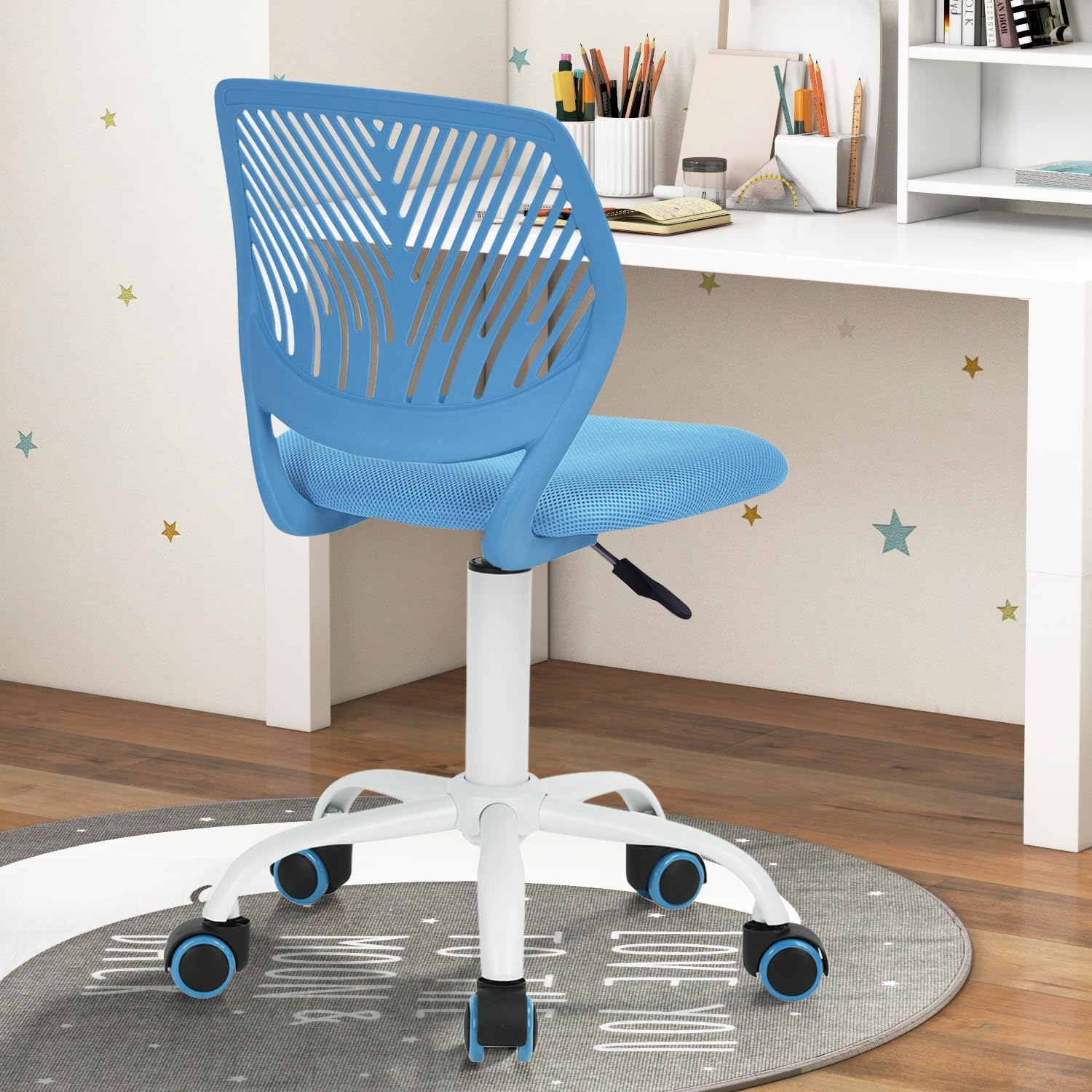 FurnitureR Rolling Study Mesh Desk Chair, Ergonomic Armless Compact Adjsutable Swivel Task Chair with Soft Cushion ad Plastic Mid-Back for Students Teens Children Kids, Sky Blue