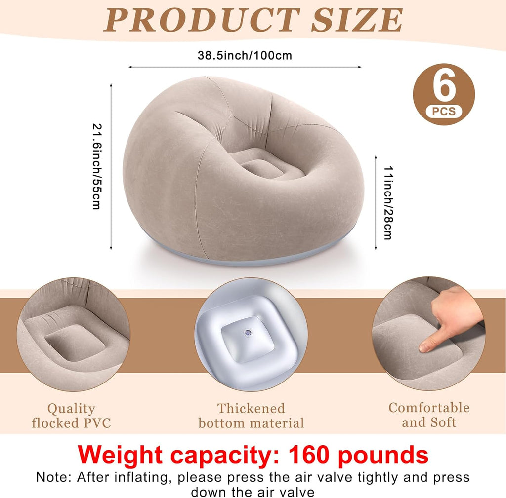 Huwena 12 Pcs Inflatable Bean Bag Chair and Throw Blankets Set(Air Pump Included), 6 Inflatable Bean Bag Lounge Chair Blow up Sofa 6 Fleece Throw Blankets for Movie Night Camping Outdoor(Coffee)