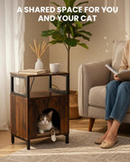 Cat Side Table with Charging Station & Storage Shelf, Small End Tables with Cat Cave & Scratcher Pad for Living Room, Small Spaces, Bedroom, Office, Easy Assembly, Space Saving, Brown