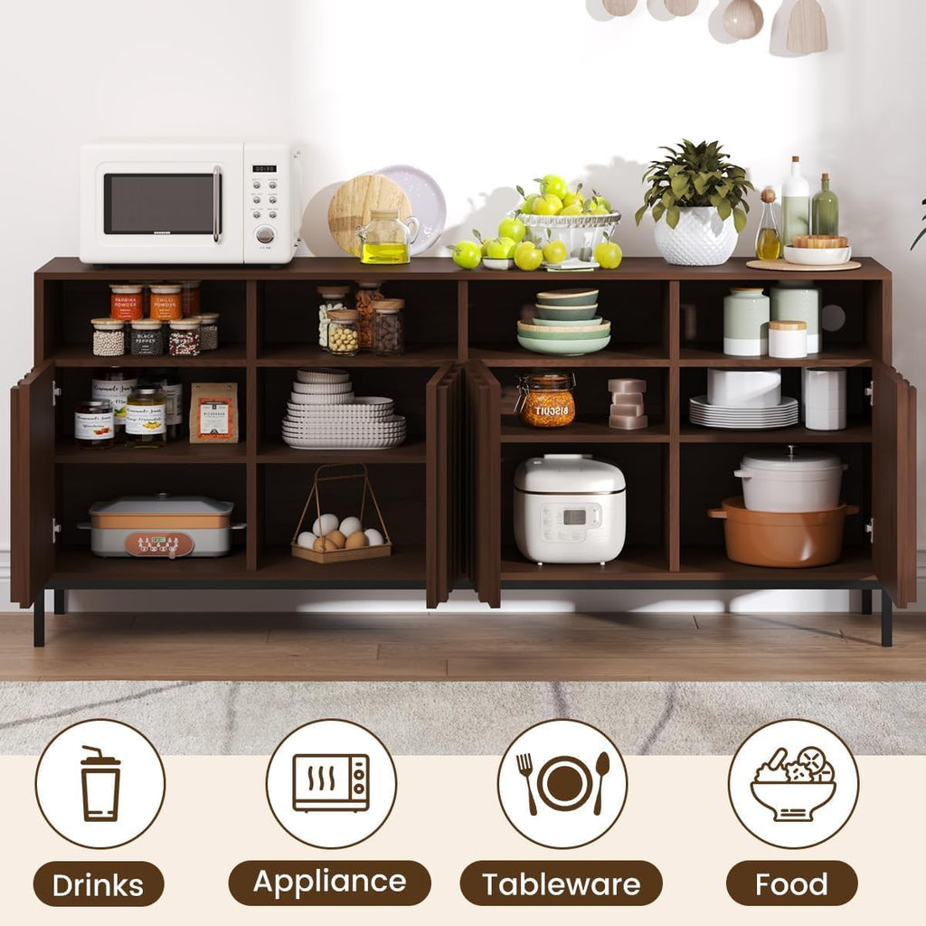 COCO DESIGN 70" Large Buffet Sideboard Cabinet with Power Outlets & Adjustable Shelves, Modern Farmhouse Accent Storage Credenza Console for Kitchen, Living Room, Walnut