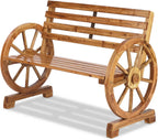 Outvita 41'' Outdoor Wooden Bench, 2-Person Rustic Wagon Wheel Bench with Slatted Seat and Carbonized Fir Wood Construction, Weather-Resistant Garden Bench for Patio, Porch and Backyard（Light Brown）