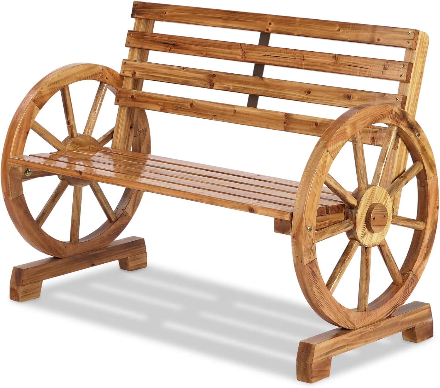 Outvita 41'' Outdoor Wooden Bench, 2-Person Rustic Wagon Wheel Bench with Slatted Seat and Carbonized Fir Wood Construction, Weather-Resistant Garden Bench for Patio, Porch and Backyard（Light Brown）