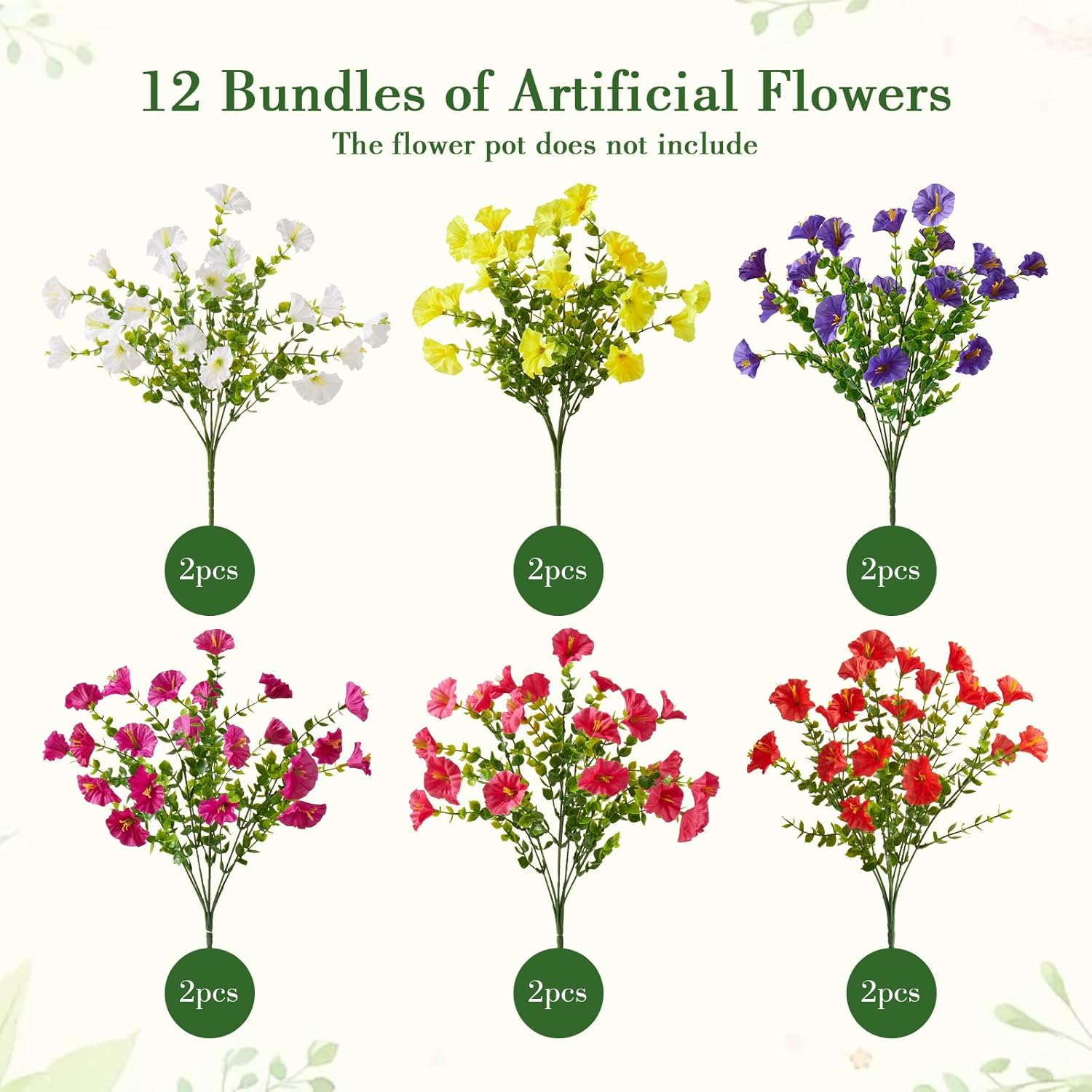 Artificial Flowers for Outdoors, 12 Bundles Fake Plants for Outside Decoration, UV Resistant No Fade, Realistic High End Silk Plastic Morning Glory for Planter Porch Patio Yard