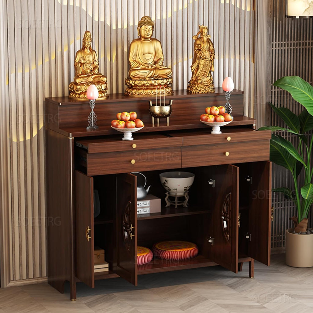 Wood Prayer Altar Table with Storage Cabinet and Drawer, Chinese Buddha Shrine Display Stand, Buddhist Decorative Side Table for Living Room (Wood, 50" L x 24" W x 50" H)
