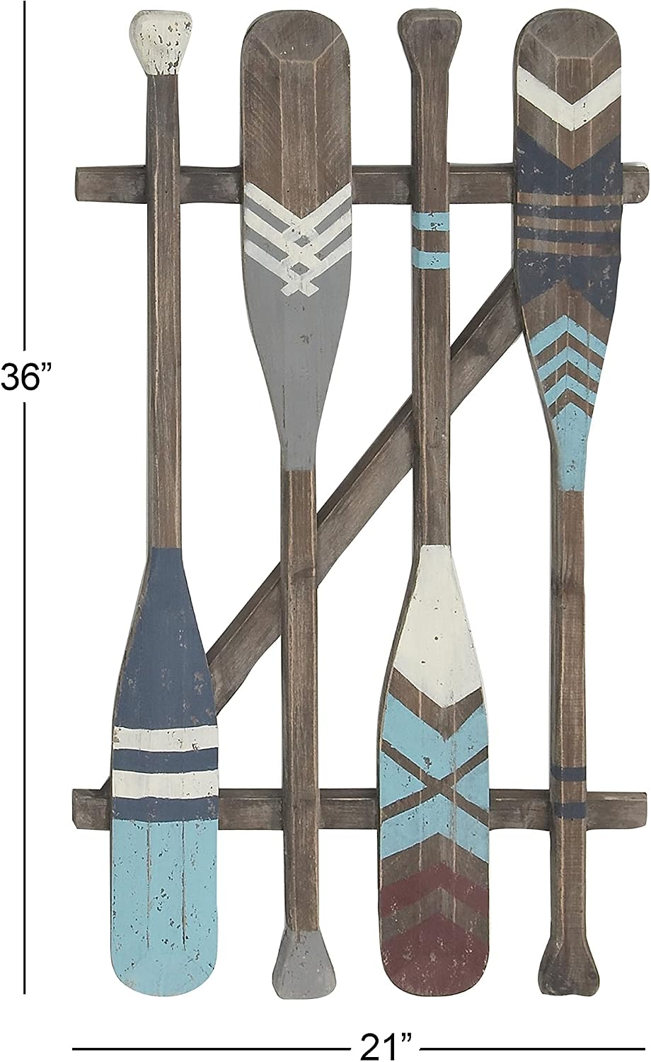 Deco 79 Wood Paddle Home Wall Decor Novelty Canoe Oar Wall Sculpture with Arrow and Stripe Patterns, Wall Art 21" x 2" x 36", Brown