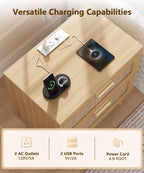 Keehusux 23.6" W Rattan Nightstand with Charging Station and 2 Drawers | Large Bedside Table, Wooden End Table with Solid Wood Legs, Boho Night Stand for Bedroom, Natural Oak KES009MECTG