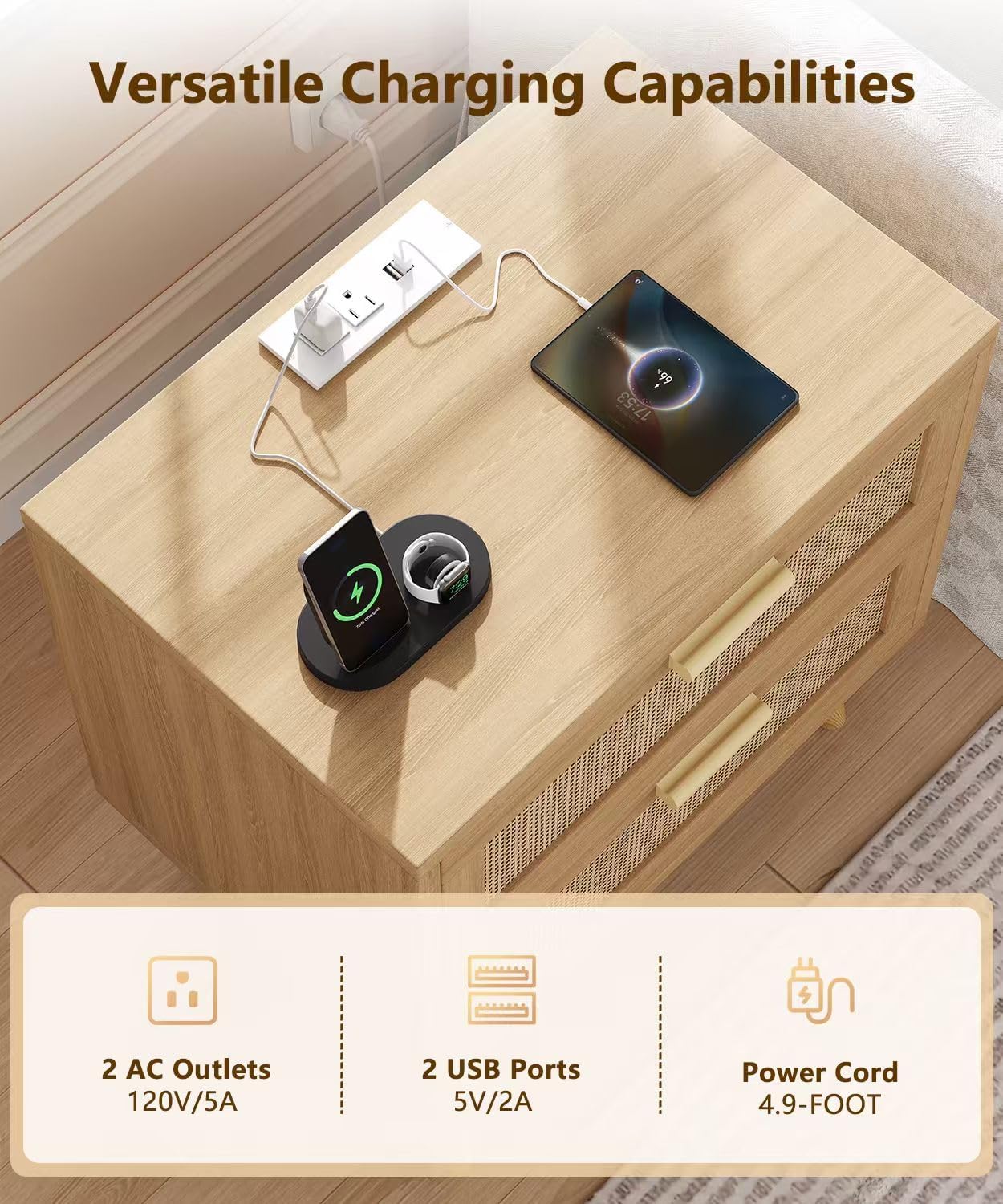 Keehusux 23.6" W Rattan Nightstand with Charging Station and 2 Drawers | Large Bedside Table, Wooden End Table with Solid Wood Legs, Boho Night Stand for Bedroom, Natural Oak KES009MECTG