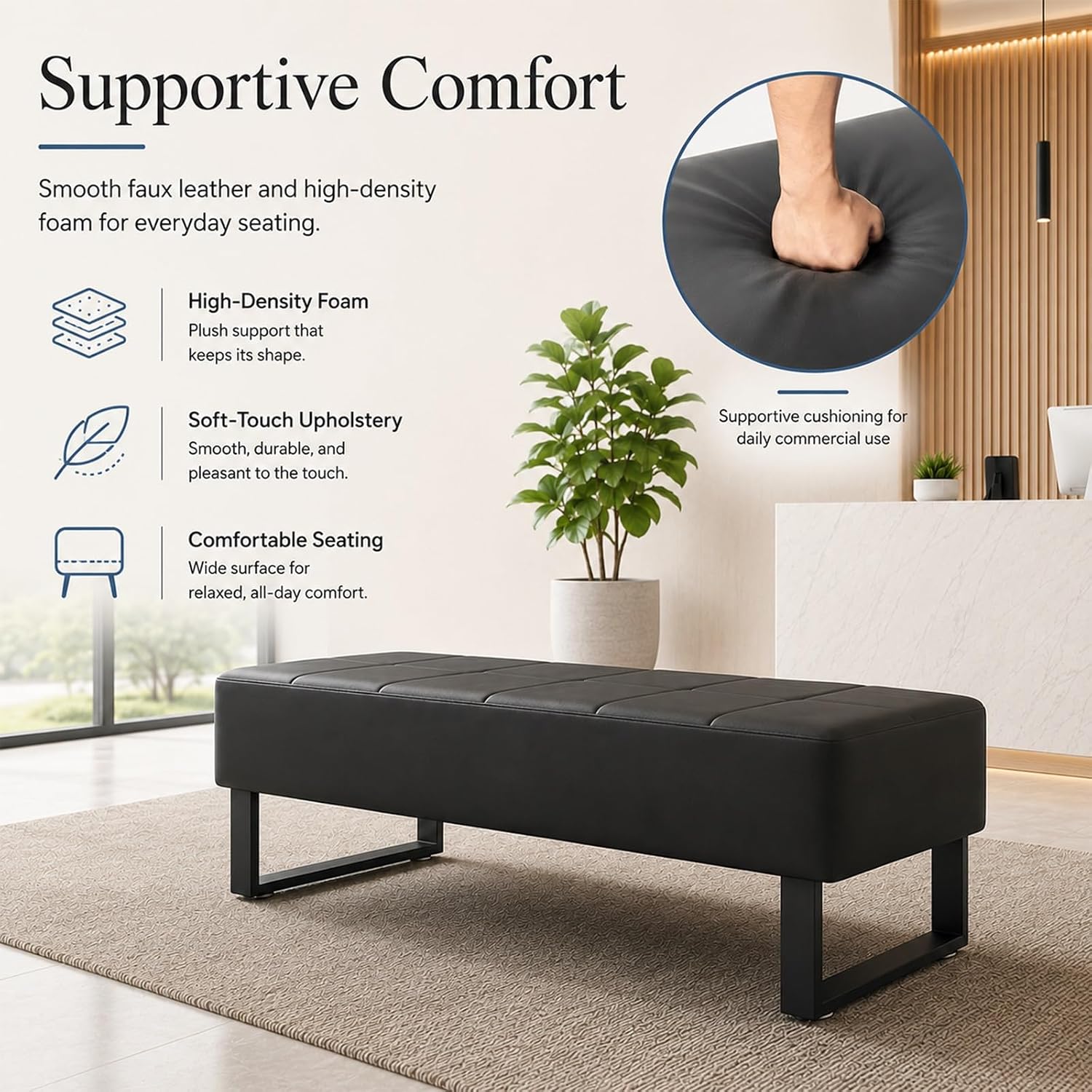 Waiting Room Bench, Faux Leather Upholstered Bench Seat with High-Density Foam, Rounded Corners and Metal Frame, Reception Lobby Furniture for Office, Salon, Barbershop(Black,17 * 59 * 17in)