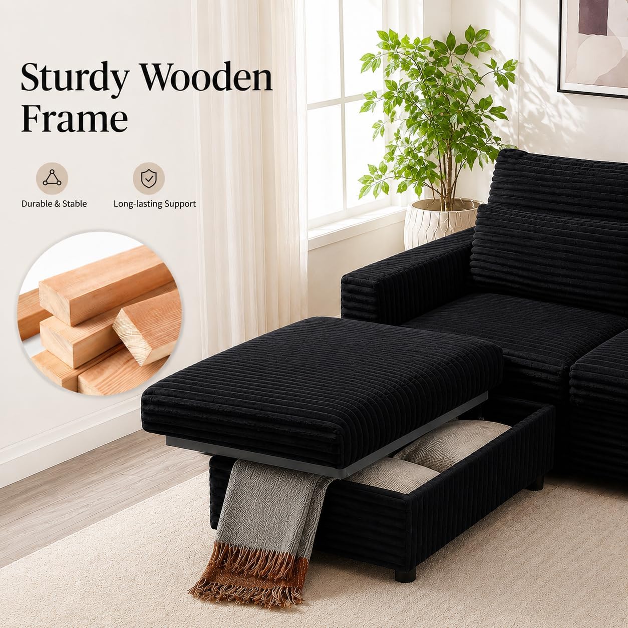 35.3" Corduroy Ottoman with Storage Oversized Ottoman for Modular Sectional Couches Foot Rest Stool with Hidden Compartment for Living Room, Apartment (Black, 35.3")