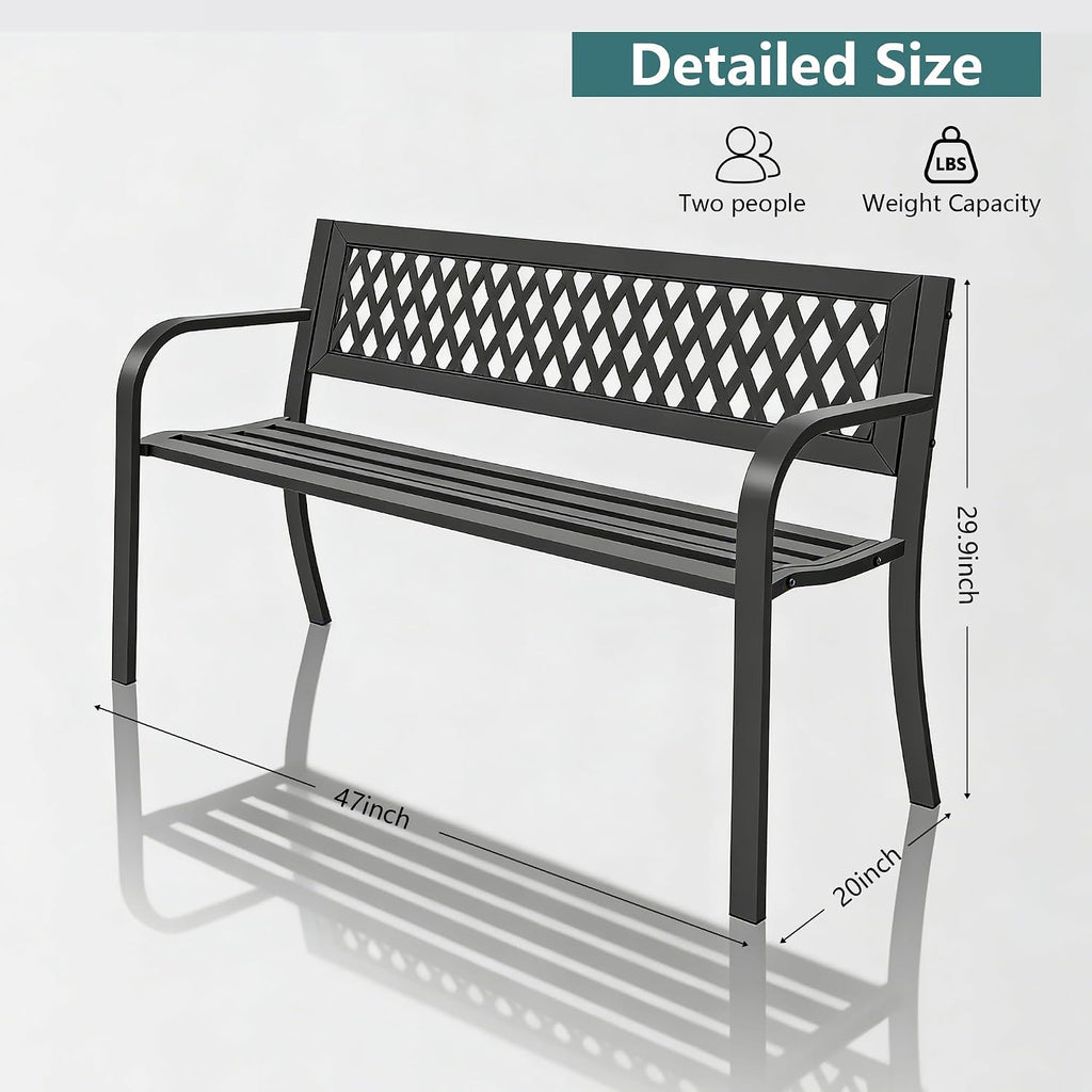 Outdoor Garden Bench, Weatherproof Metal Park Bench for Garden Lawn Porch Park Backyard, Sturdy Steel Patio Bench with Ergonomic Backrest for Front Porch Entryway Outside Seating, Black