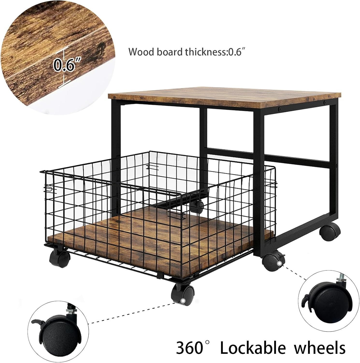 PUNCIA 19.7"x19.7" Mobile Fridge Stand with Foldable Basket, Retro | Rolling Mini Fridge Stand with Lockable Wheels Heavy Duty Refrigerator Cart Appliance Table for Dorm Bedroom Apartment