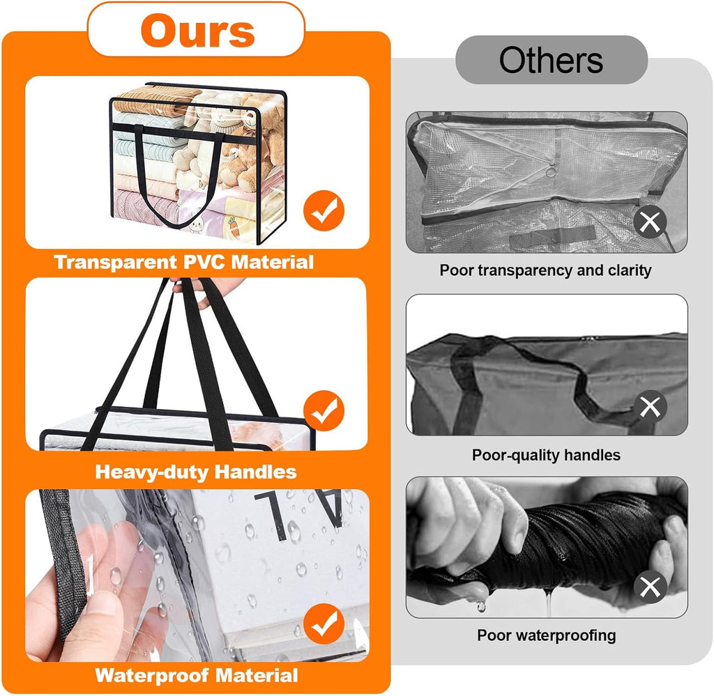 4 Pack Clear Clothes Storage Bags, Vinyl Blanket Storage Containers with Heavy Duty Zipper, Foldable Moving Bags, Closet Organizers for Bedding, Clothing, Comforters, Linens, Duvet (40L)