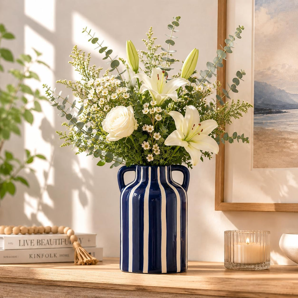 SURE YUESI Blue Ceramic Vase with Handles, Modern Farmhouse Striped Decorative Vase, 9.1" Art Deco Tall Flower Vases for Pampas Grass, Shelf Decor, Dining Table Centerpiece, Living Room Home Decor