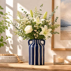 SURE YUESI Blue Ceramic Vase with Handles, Modern Farmhouse Striped Decorative Vase, 9.1" Art Deco Tall Flower Vases for Pampas Grass, Shelf Decor, Dining Table Centerpiece, Living Room Home Decor