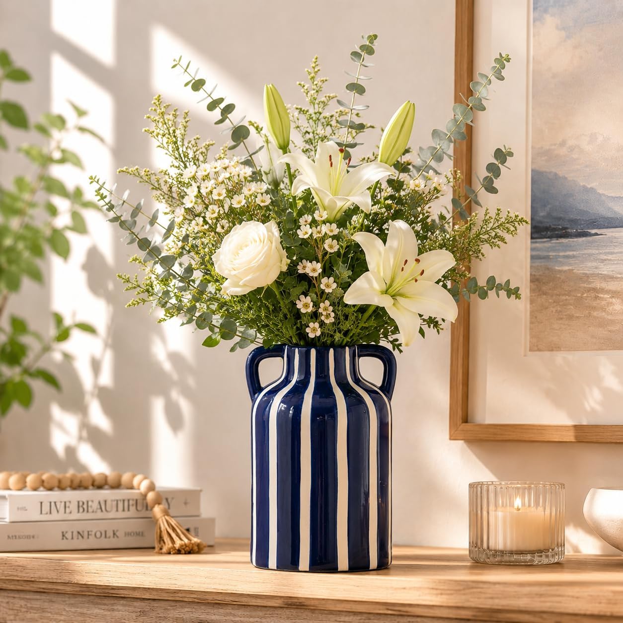 SURE YUESI Blue Ceramic Vase with Handles, Modern Farmhouse Striped Decorative Vase, 9.1" Art Deco Tall Flower Vases for Pampas Grass, Shelf Decor, Dining Table Centerpiece, Living Room Home Decor