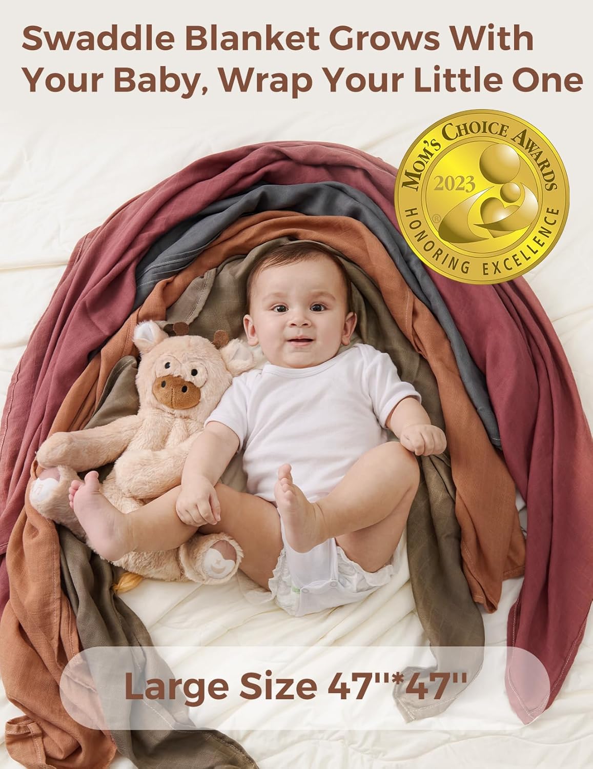 Momcozy Muslin Swaddle Blankets, 4-Pack Breathable and Skin-Friendly Receiving Blankets, Swaddle Blanket Shower Gifts & Baby Registry Essentials, Large 47"x47", Warm Amber