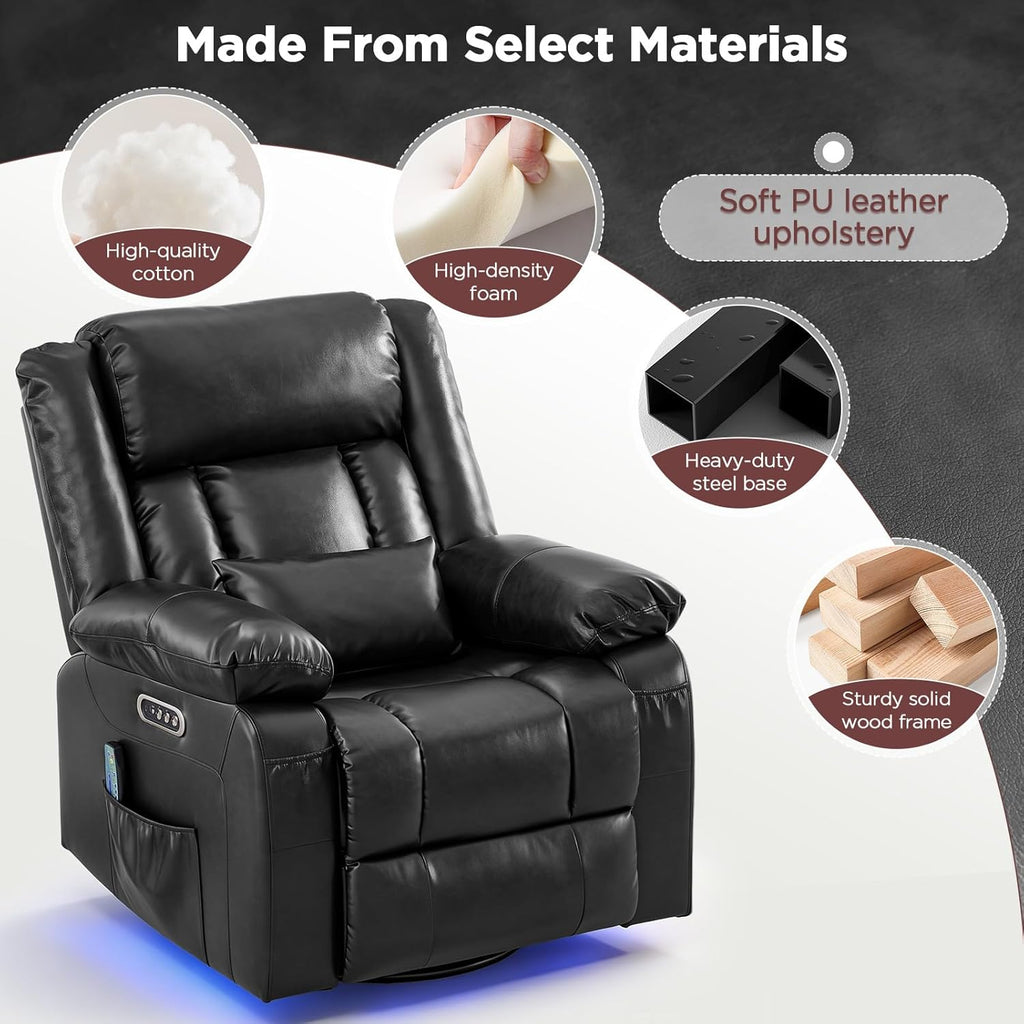 Power Swivel Rocker Recliner Chair with Independent Footrest Control | Massage Recliner Chair, Dual Motor, Nursery Rocker Reclining Chair with Pockets, LED Light for Living Room, PU Black