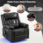 Power Swivel Rocker Recliner Chair with Independent Footrest Control | Massage Recliner Chair, Dual Motor, Nursery Rocker Reclining Chair with Pockets, LED Light for Living Room, PU Black