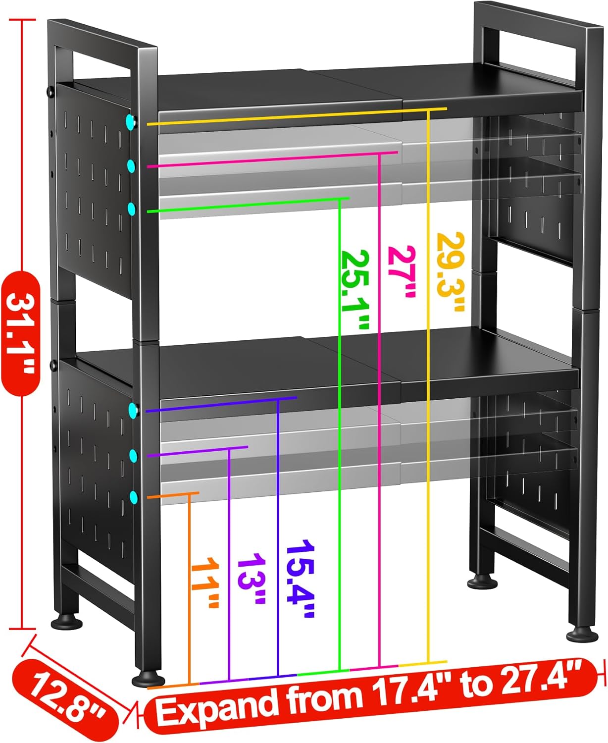 Microwave Stand, 3-Tier Expandable(17.4"- 27.4") Heavy Duty Adjustable Shelf Microwave Oven Rack, Kitchen Countertop Organizer and Storage with 9 Hooks & Cutting Board Holder, Holds up 180 lbs, Black
