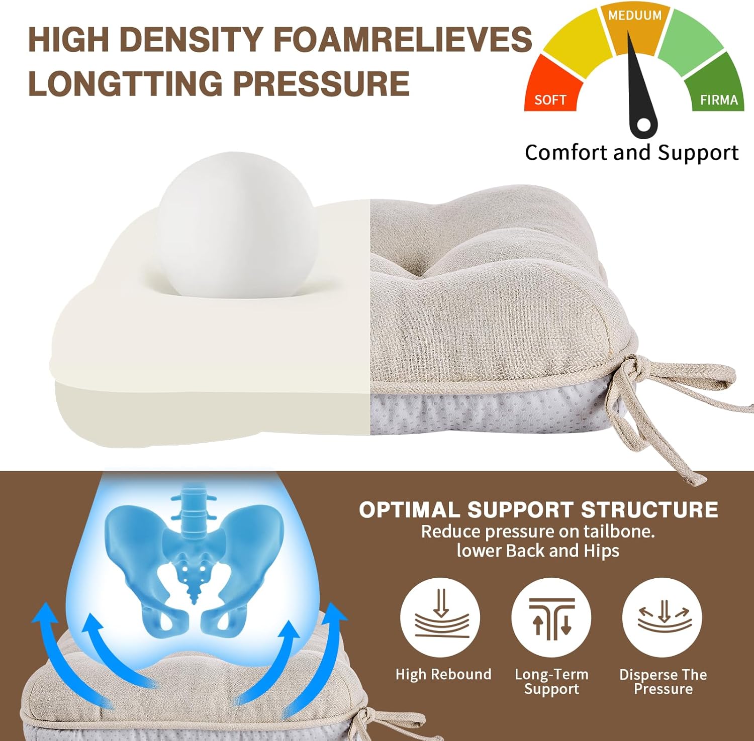 BETU Chair Cushions for Dining Chairs Set of 4,3.5" Thick Kitchen Table Chair Pads with Ties,Non Slip Backing and Covers, Seat Cushion for Dining Room,Bar,Patio Chairs,15.5"X15.5"X3.5",Beige