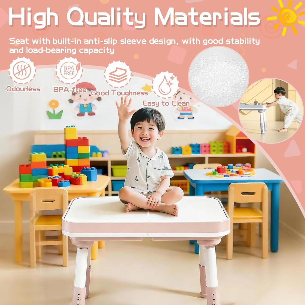 Kids Table and Chair Set with Storage, 5 in 1 Height Adjustable Toddler Table and 2 Chair Set, Toddler Kids Activity Table for Building Blocks/Drawing/Reading/Dining/Sand and Water Play (Pink)