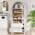 71" Tall Arched Kitchen Pantry Cabinet with 2 Large Drawers & Adjustable Shelves, Arched Bookshelf with Storage Cabinet & Glass Doors, Wooden Versatile Cupboard for Dining Room (White)