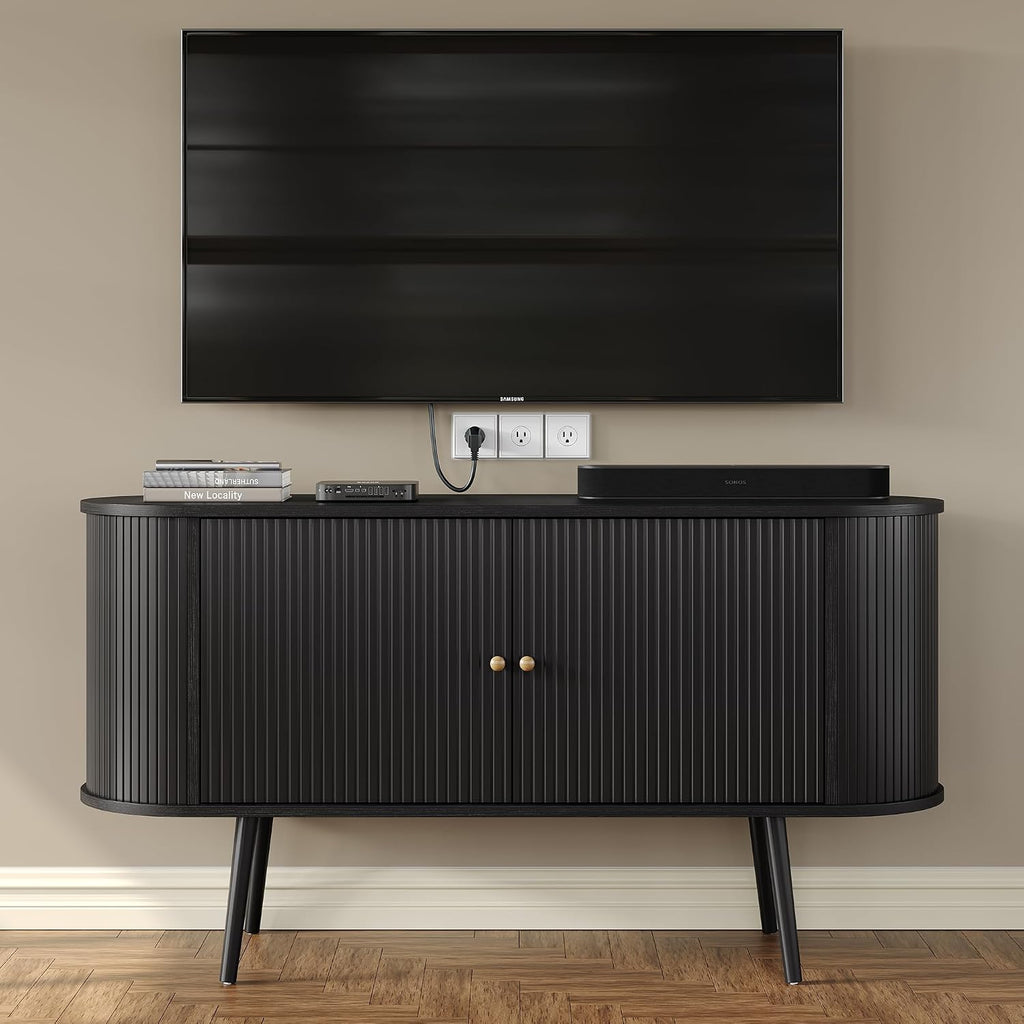Furniouse 54.4''W Buffet Cabinet with Storage Fluted Sideboard Cabinet with Doors & 4 Shelf Storage for Living Room, Hallway, Kitchen, Black