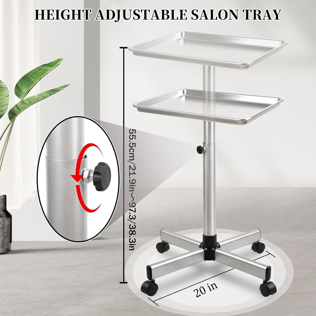 Salon Tray on Wheels, Salon Color Tray with Adjustable Height,Salon Rolling Tray Ideal Use As Metal Mayo Stand Tray,Tattoo Tray, Medical Tray, Dental Tray（Silver）