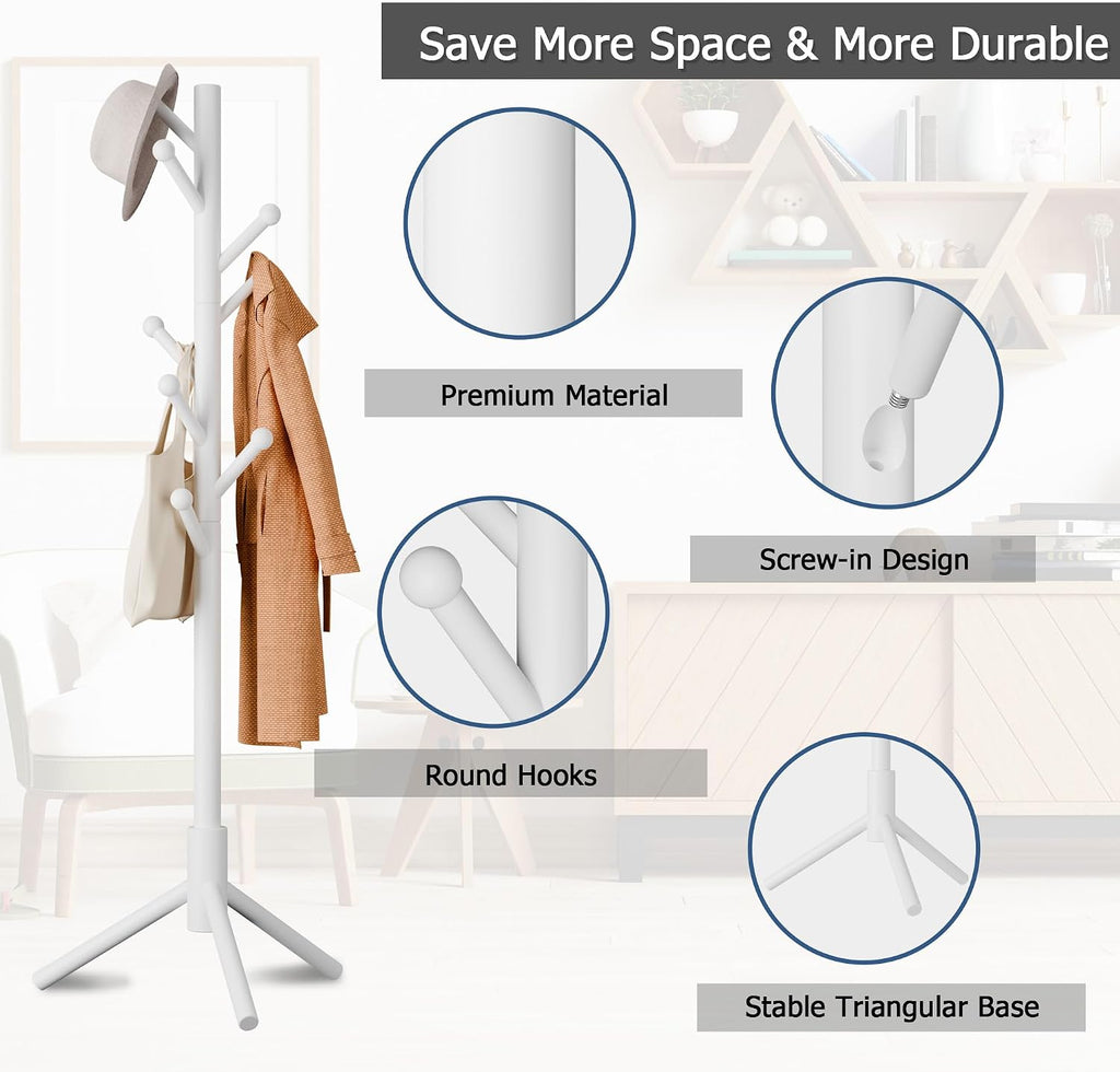 8-Hook Freestanding Coat Rack 3 Heights Safe Round Tips White | Smooth Round Tips Prevent Slipping,Tool-Free Assembly,Holds Clothes Hats Handbags,Ideal for Entryway Bedroom Hallway Office