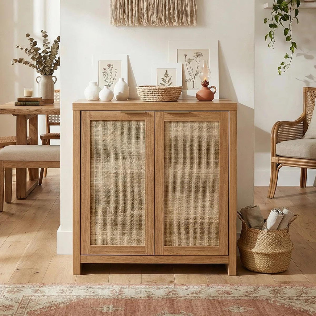OAKHAM HOME Rattan Sideboard Cabinet with Storage, Buffet Cabinet with 2 Soft-Close Doors, Adjustable Shelves and 110 lbs Top, Storage Cabinet for Living Room, Kitchen, Entryway, Natural Oak