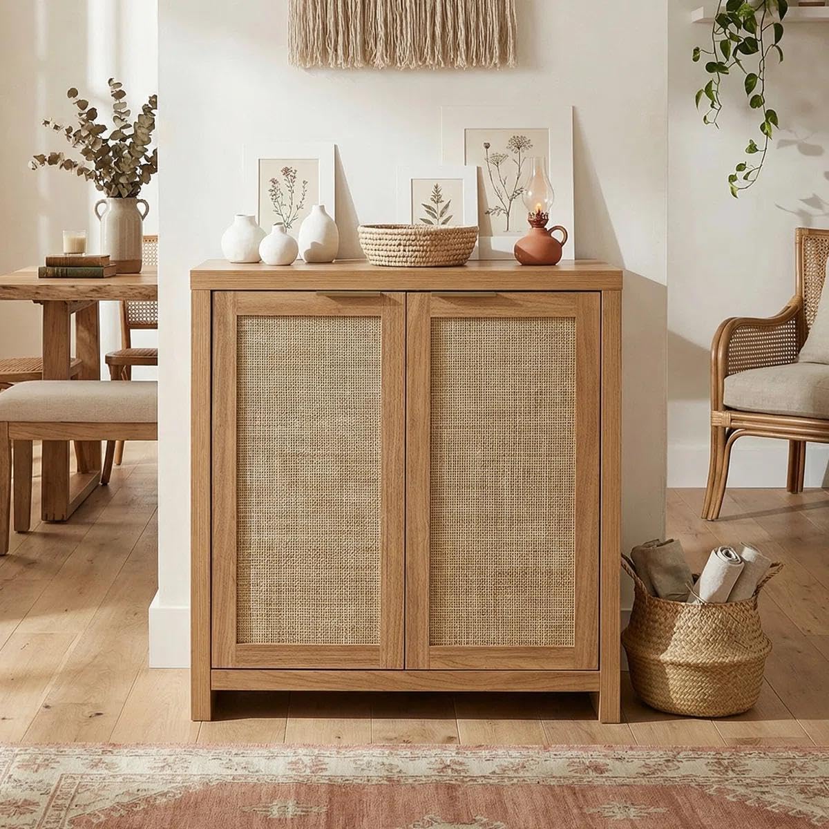 OAKHAM HOME Rattan Sideboard Cabinet with Storage, Buffet Cabinet with 2 Soft-Close Doors, Adjustable Shelves and 110 lbs Top, Storage Cabinet for Living Room, Kitchen, Entryway, Natural Oak