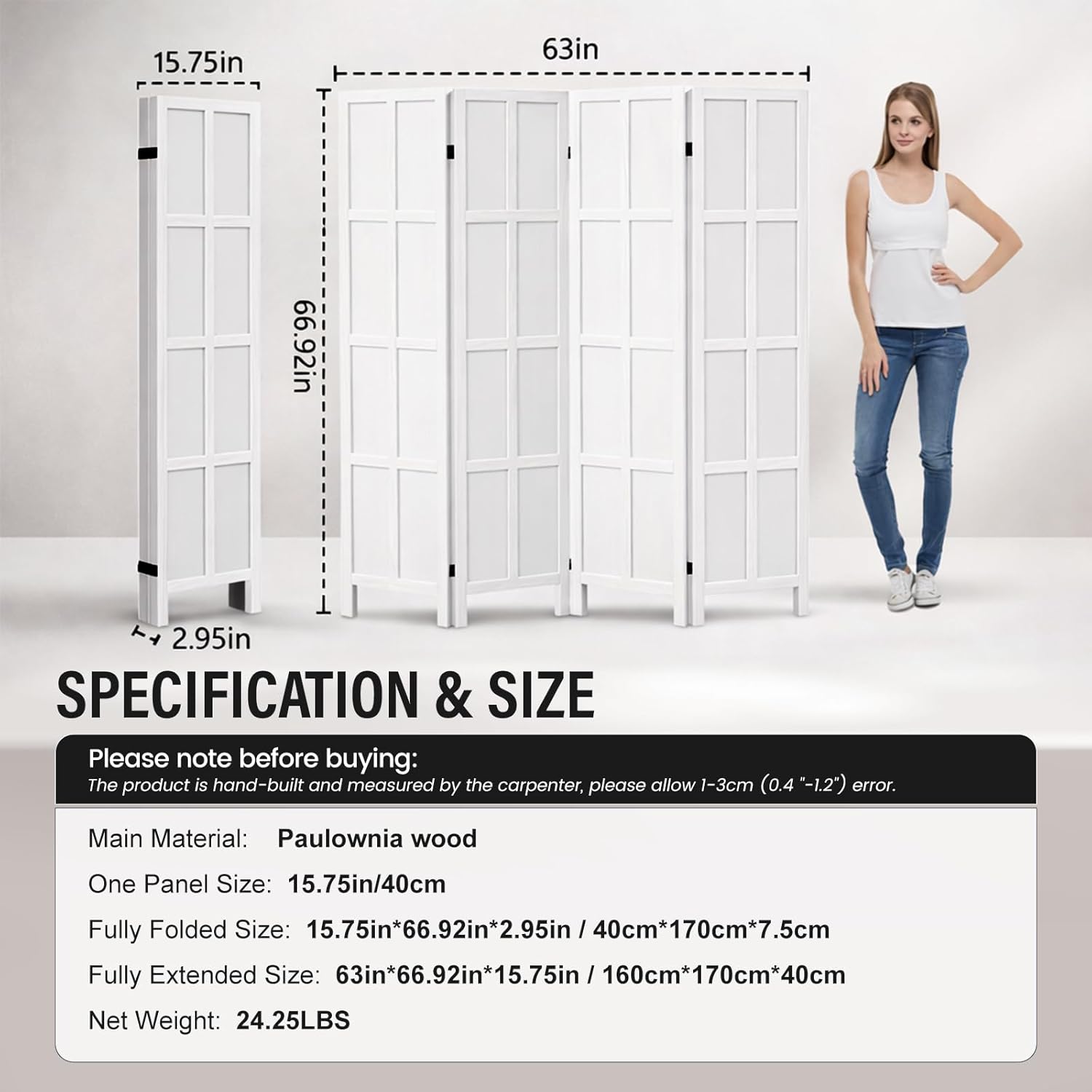 4 Panel Room Divider Folding Privacy Screen, 66.92″ Tall Solid Paulownia Wood Room Partition with 360° Hinges, Freestanding Wall Divider for Room Separation, Home, Bedroom, Office (White)