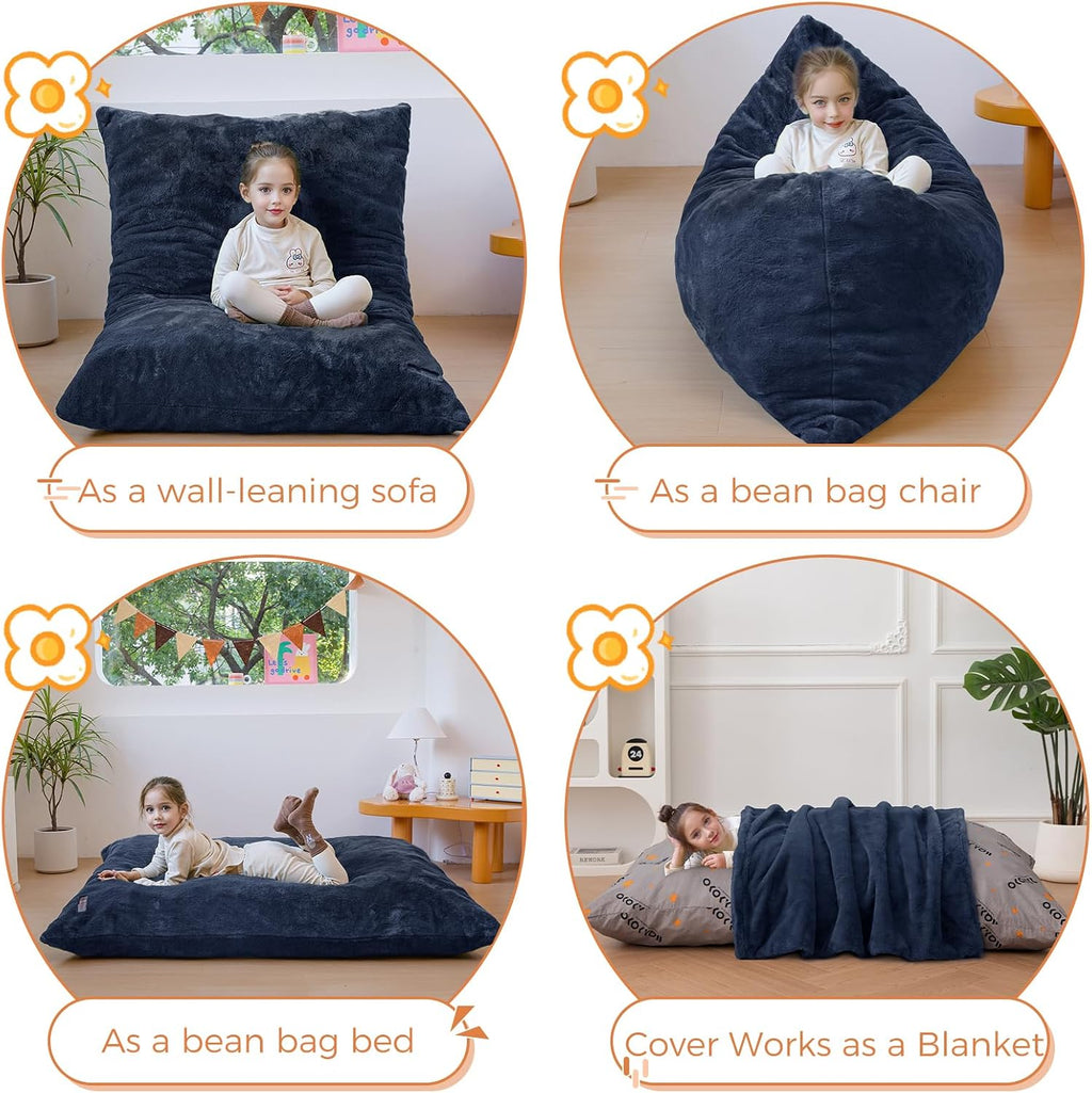 MAXYOYO 3 in 1 Kids Bean Bag Chair, Child Floor Sofa for Gaming, Reading, Faux Fur Floor Couch with High-Density Foam Filling for Living Room Bedroom