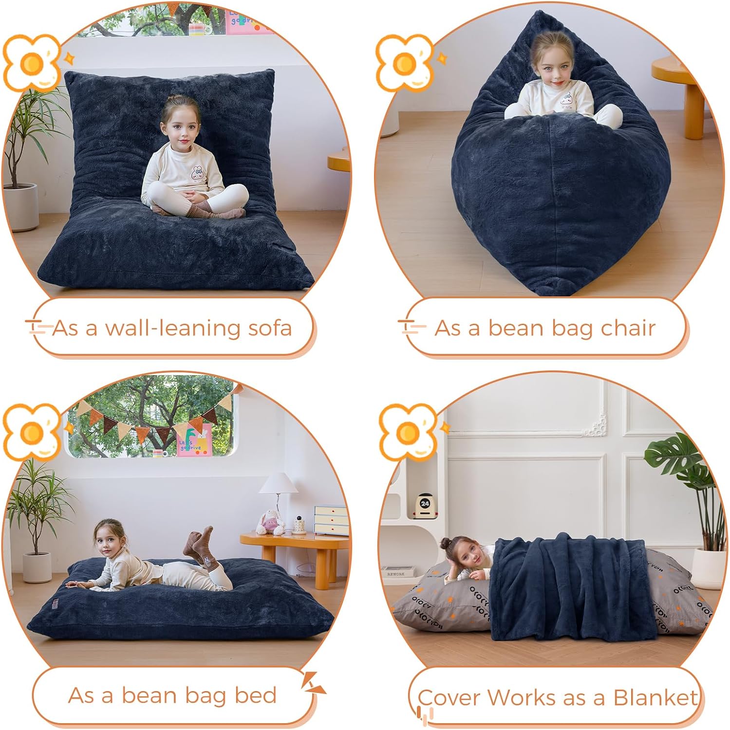MAXYOYO 3 in 1 Kids Bean Bag Chair, Child Floor Sofa for Gaming, Reading, Faux Fur Floor Couch with High-Density Foam Filling for Living Room Bedroom