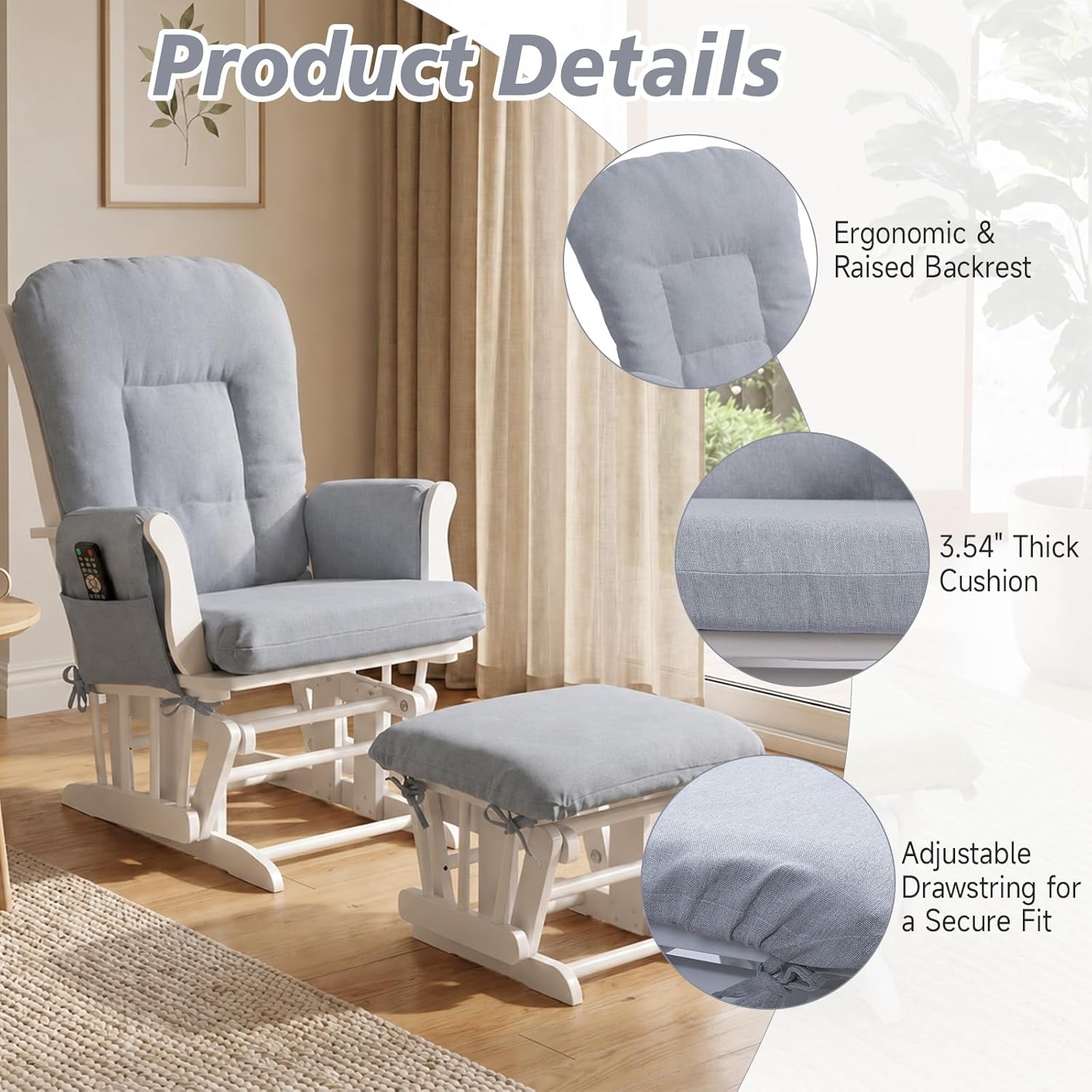 Boshen 5PCS Glider Rocker Replacement Cushions with Ottoman Cover, 3.5" Thick High Back Rocking Chair Cushion Set with Side Pockets for Indoor Nursery Glider Chair, Washable and Non Slip, Grsy