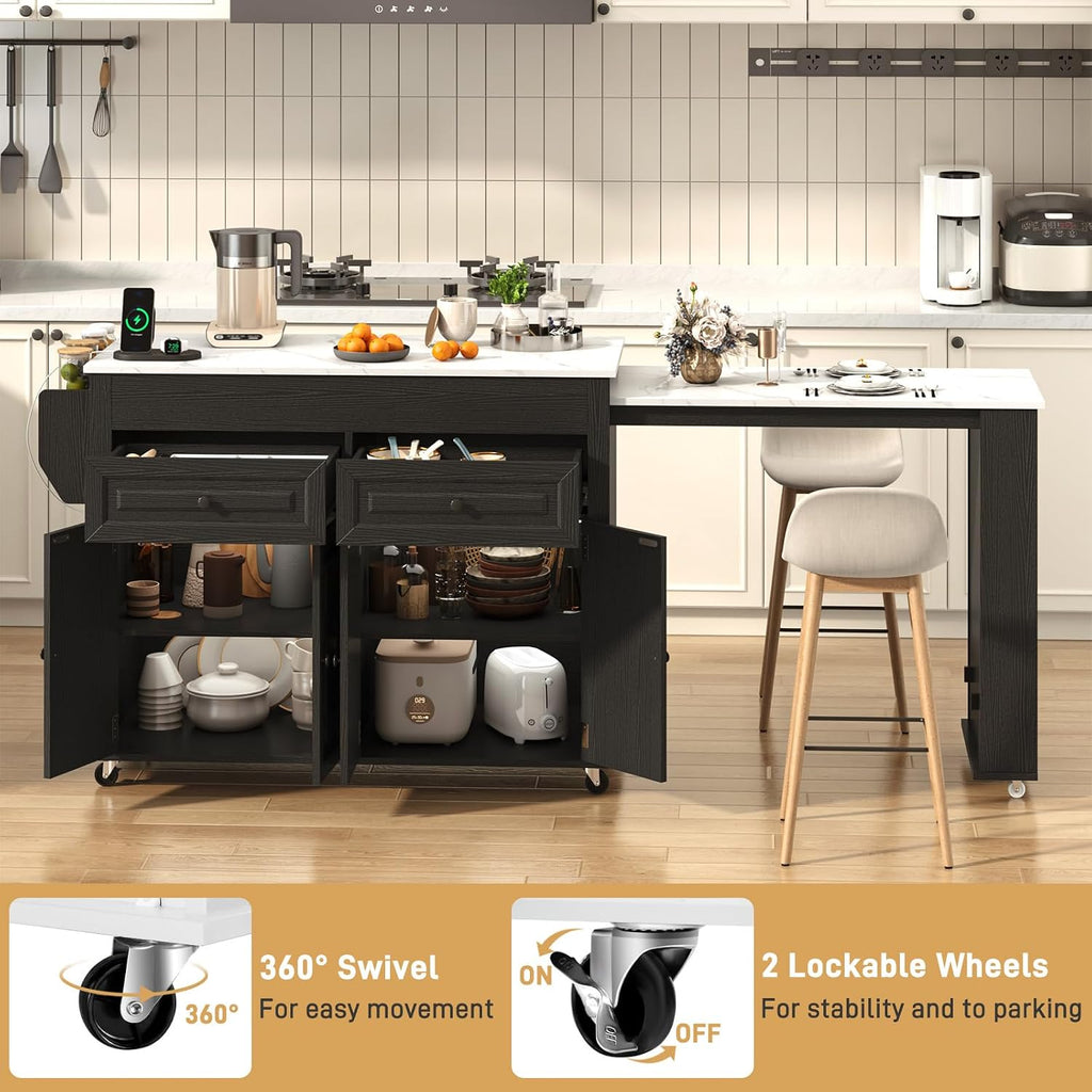 80"-48" Extendable Kitchen Island with Extended Dining Table and Power Outlet,Large Mobile Kitchen Storage Islands with 2 Storage Drawers,Rolling Islands Cart with 3 Extra Rows Open Shelves(Marble Bl)